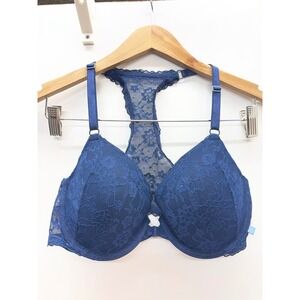 Victorias Secret Navy Blue Floral Lace Racerback Front Close‎ Push Up Bra 34D